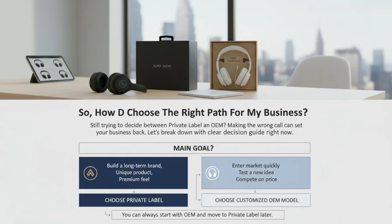 A flowchart helping to decide between Private Label and OEM based on budget and brand goals